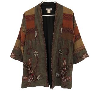 Soft Surroundings wool tapestry embroidered open front cardigan with pockets.